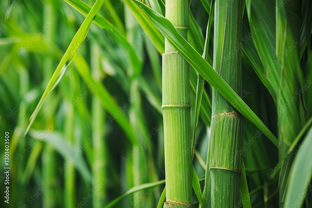 Lush Green Bamboo Grove - Close-up view of vibrant green bamboo stalks and leaves, showcasing the natural texture and detail of the plant Lush Green Bamboo Grove - Close-up view of vibrant green bamboo stalks and leaves, showcasing the natural texture and detail of the plant