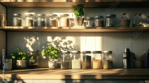Wallpaper Mural Glass jars of various spices and herbs arranged on shelves Torontodigital.ca