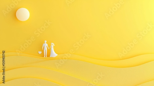 Minimalist wedding couple, yellow desert scene, aesthetic background, social media graphic