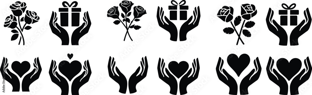 Fototapeta premium Love and Care Icon Set, Hands, Hearts, Gifts, and Roses