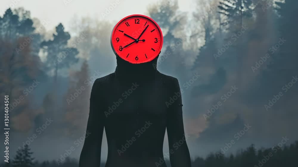 Anonymous Person with Red Clock Face in Surreal Outdoor Setting, Symbolizing Time and Identity with Minimalist Design, Blurred Background Mixing Nature and Fog, Conceptual Winter Photography