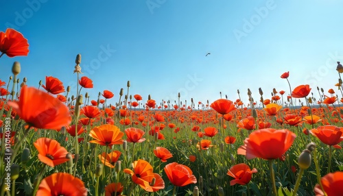 Red Poppy Flower Field Nature Background, Ideal for Spring, Nature, or Outdoor-Themed Digital Art Projects photo