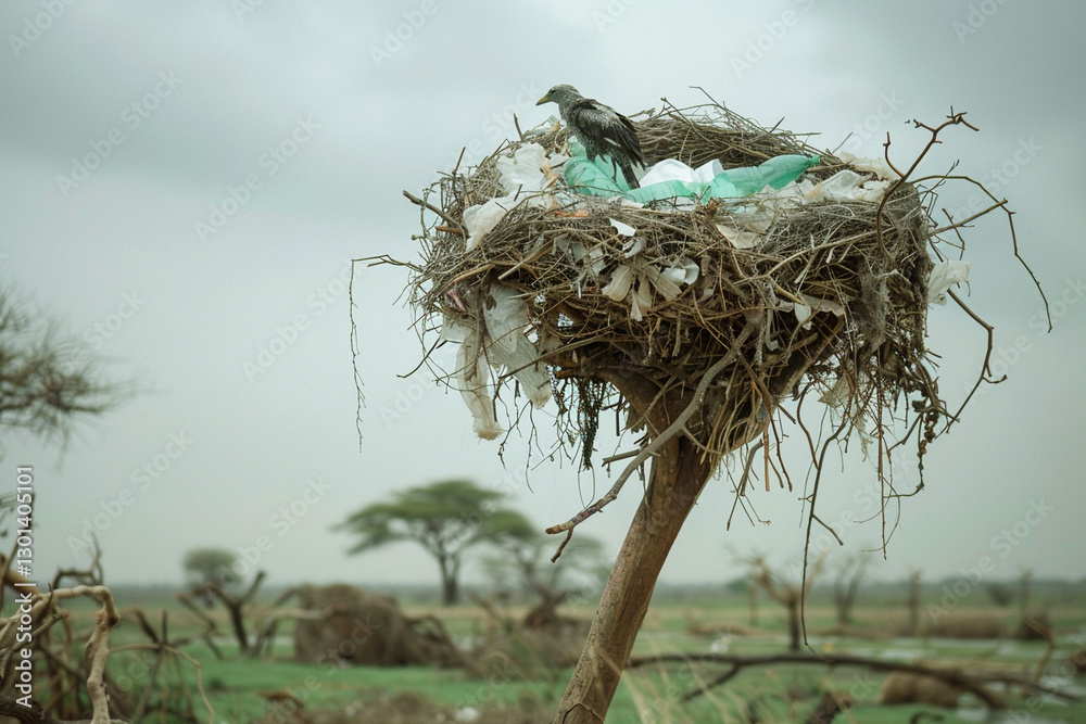 Bird Nest Built of Trash atop Tree Branch Depicts Pollution Environmental Issues Bird Nest Built of Trash atop Tree Branch Depicts Pollution Environmental Issues