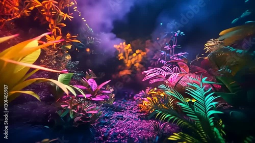 Vibrant neon jungle scene with lush foliage and colorful lighting, creating a mystical atmosphere