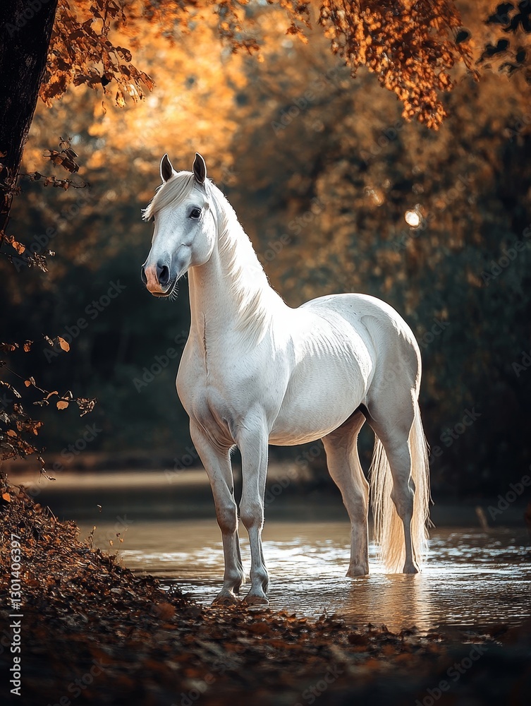 Obraz premium Majestic White Horse in Autumn Woods - A stunning white horse stands gracefully in a shallow stream, surrounded by the warm hues of autumn foliage. The scene is serene and peaceful