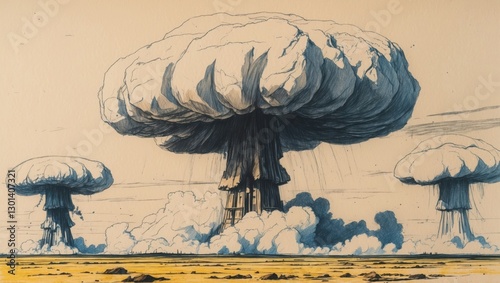 Pencil sketch of mushroom clouds over yellow flat land. Big white and blue smoke billows in sky.