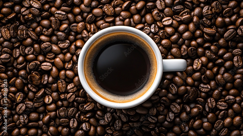 Elevated View Coffee Cup with Surrounding Coffee Beans for Cafe Marketing Elevated View Coffee Cup with Surrounding Coffee Beans for Cafe Marketing