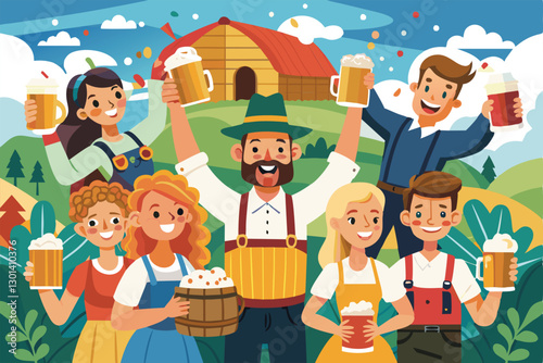 Groups of people in traditional clothes rejoice and raise their drinks, enjoying Oktoberfest festivities together, People celebrating oktoberfest Customizable Disproportionate Illustration