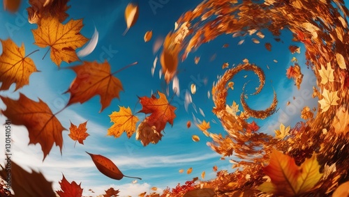 Whirling autumn leaves dance open sky nature photography vibrant environment dynamic perspective