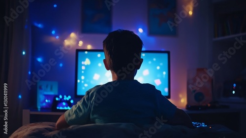 Nighttime Screen Time: A Child's World - A child engrossed in a screen, symbolizing technology's impact, late-night habits, entertainment, childhood curiosity, and screen addiction