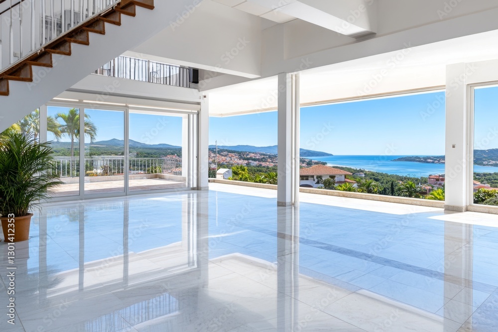 Fototapeta premium Luxurious modern interior with panoramic sea views on a bright sunny day