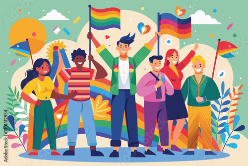 A vibrant group comes together to celebrate Pride Day, waving rainbow flags and sharing joy and love, People celebrating pride day Customizable Disproportionate Illustration