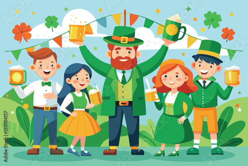 Friends in festive outfits raise drinks high while celebrating St. Patrickâ€™s Day during a sunny gathering, People celebrating st. patrick's day Customizable Flat Illustration