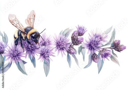 Fototapeta Naklejka Na Ścianę i Meble -  Detailed close-up of a bumblebee perched on vibrant purple flowers in a beautifully illustrated watercolor style, showcasing nature's intricate beauty and harmony.