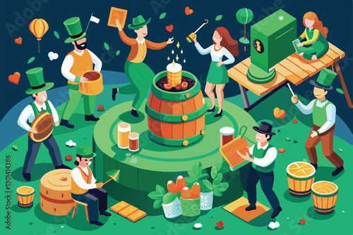 This lively event showcases people celebrating St. Patrick's Day with dancing, music, and traditional food, People celebrating st. patrick's day Customizable Flat Illustration