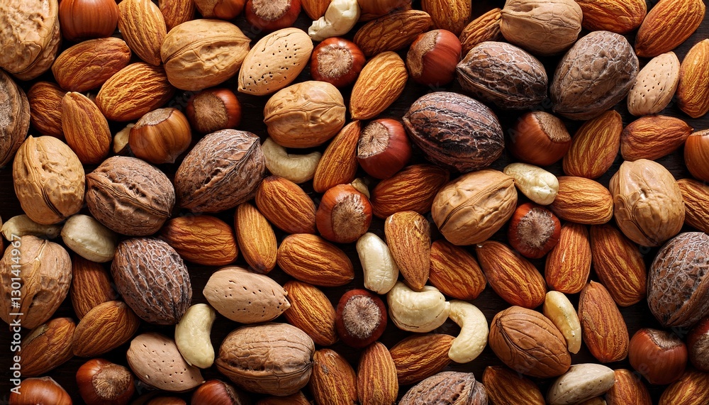 Mixed assortment of nuts showcasing diverse textures and colors on a wooden surface Mixed assortment of nuts showcasing diverse textures and colors on a wooden surface