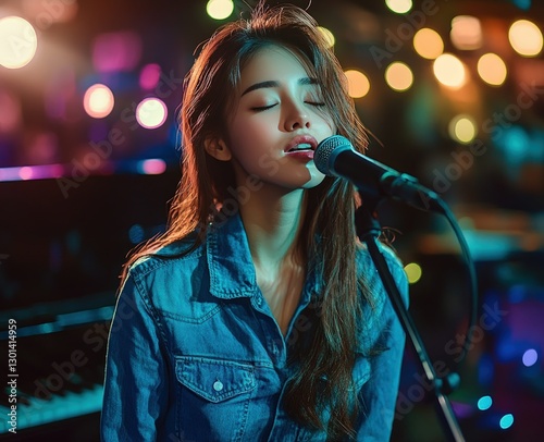 A young woman with long brown hair sings into a microphone on a stage with colorful lights in the background.