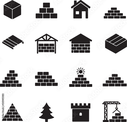 Construction Icons Brick Wall, House, Building Blocks, Architecture Symbols