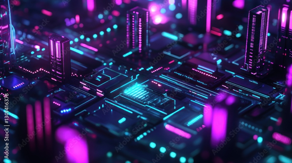 Obraz premium Futuristic neon city with buildings and circuit board designs