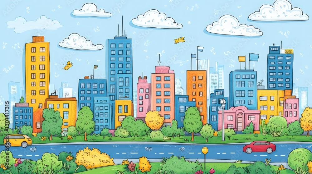 A whimsical cartoon cityscape with colorful buildings, trees, and a river. A whimsical cartoon cityscape with colorful buildings, trees, and a river.