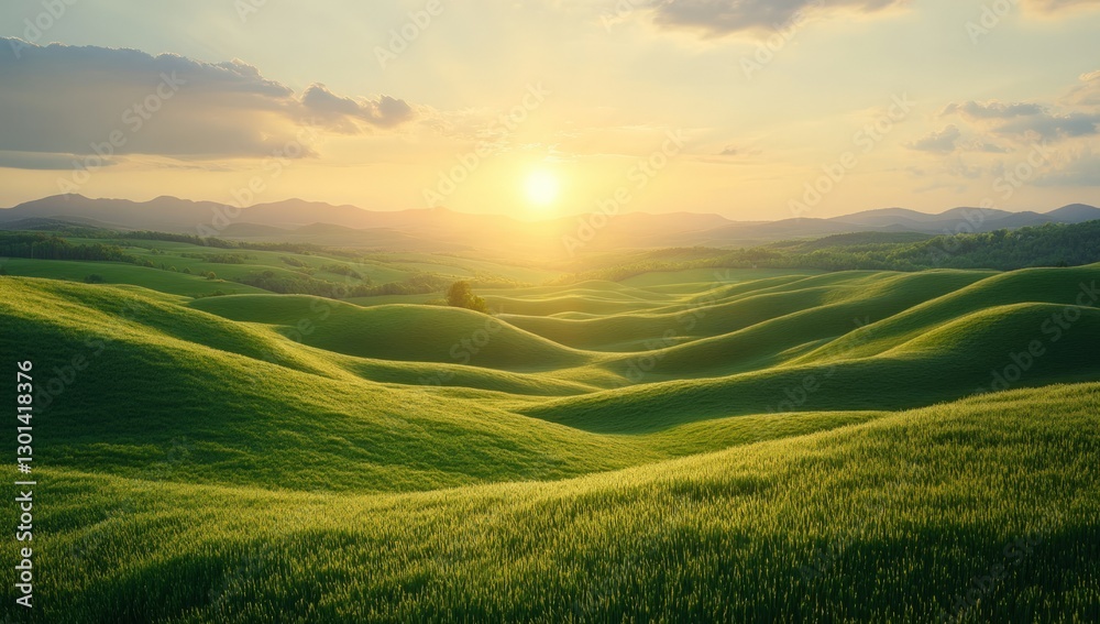 Rolling green hills with a sunset and mountains in the distance. Rolling green hills with a sunset and mountains in the distance.