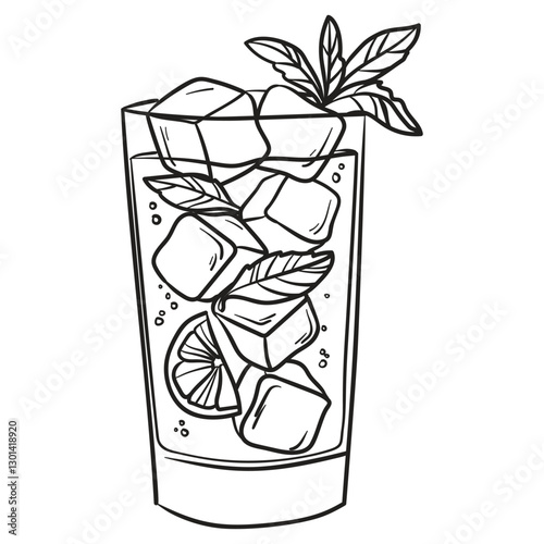 Hand drawn vector drawing of tropical drink with mint, lemon and ice. Italian Dolce vita summer element in sketch style. Doodle black illustration for menu, party, invitation.	