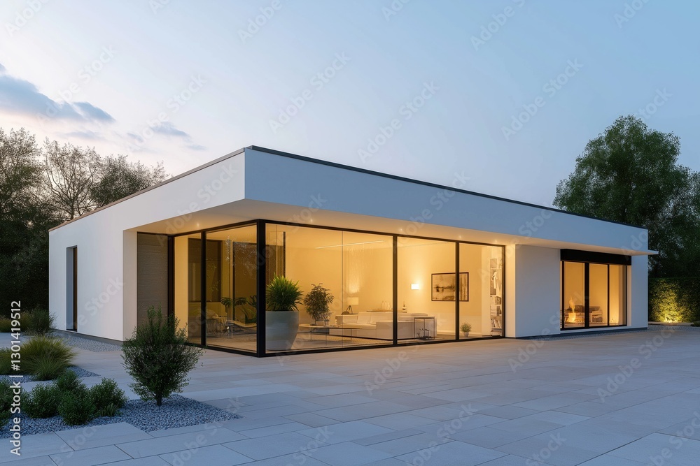 Fototapeta premium A large white house with a glass front and a large window. The house is empty and has a modern design