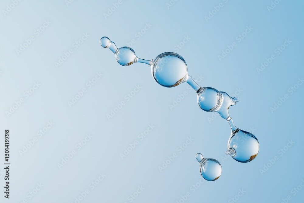 A series of water droplets are suspended in the air, creating a sense of weightlessness and fluidity. The image evokes a feeling of calm and serenity