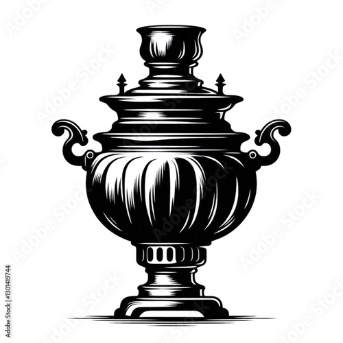 Classic black and white samovar illustration with ornate design and detailed features, cut out