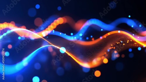 Abstract flowing digital waves with particles in orange and blue colors