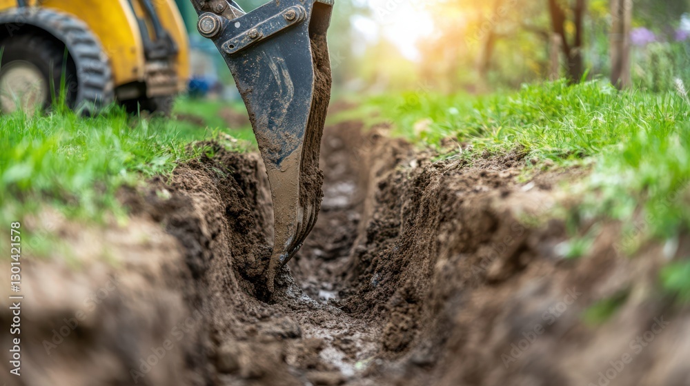 Fototapeta premium Excavator Digging Trench in Natural Outdoor Setting