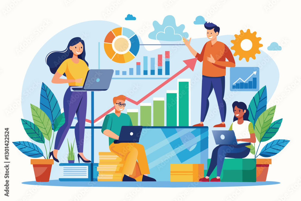 A group of professionals collaborates on growth chart analysis using laptops and charts in an office, people do growth chart analysis A group of professionals collaborates on growth chart analysis using laptops and charts in an office, people do growth chart analysis