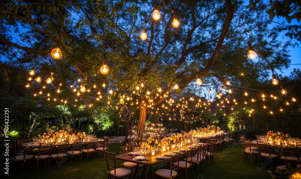 Fototapeta premium Evening outdoor celebration with string lights.