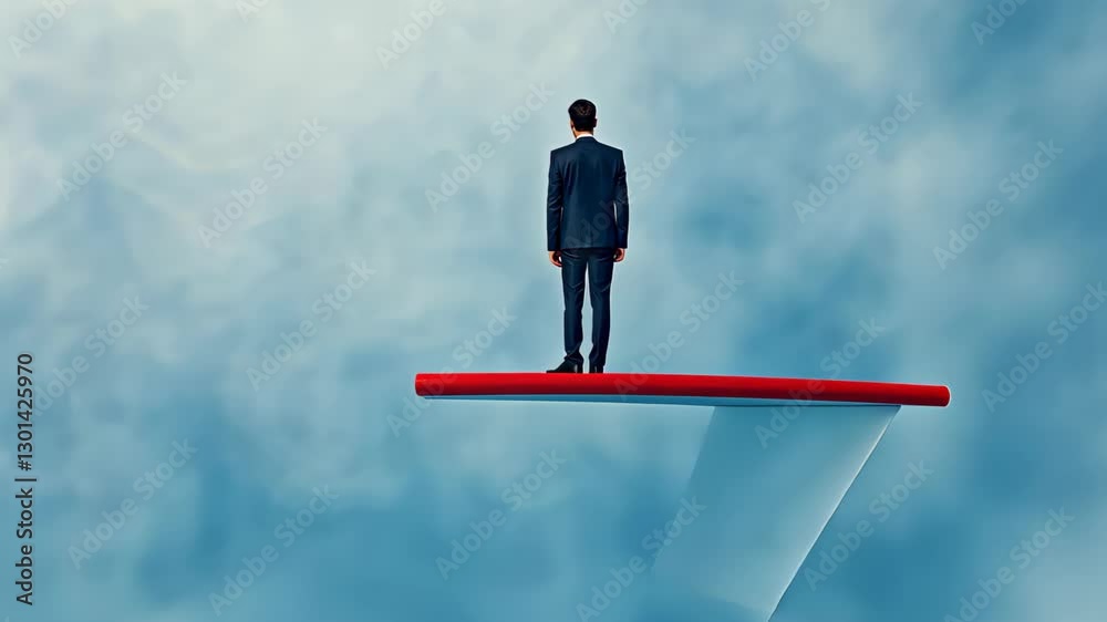 Surreal image of a man in a suit standing on a thin red beam against a cloudy sky background Concept of risk, balance, and decision-making in a minimalist and symbolic composition