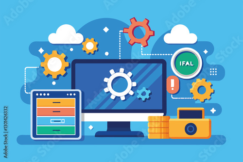 A flat illustration shows a computer, gears, and design elements for a customizable operating system upgrade, Operating system upgrade Customizable Flat Illustration