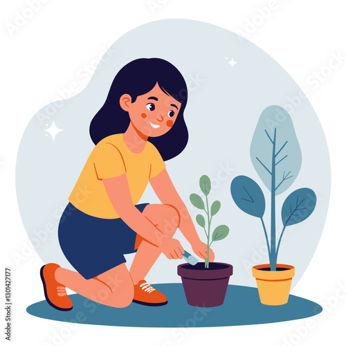 Young girl enjoys planting in two flower pots during gardening