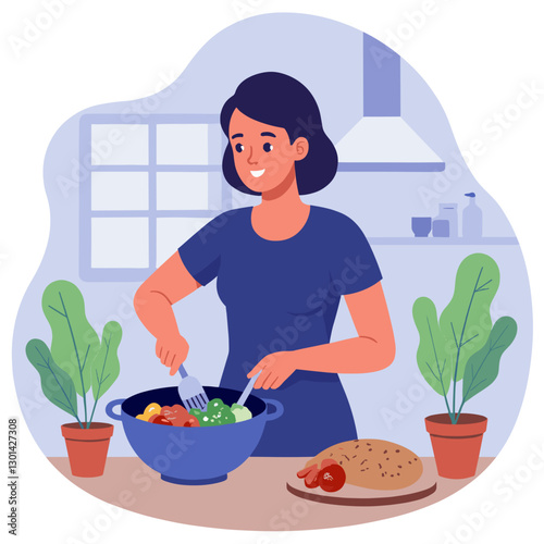 Woman mixes fresh vegetables in a bowl while cooking indoors