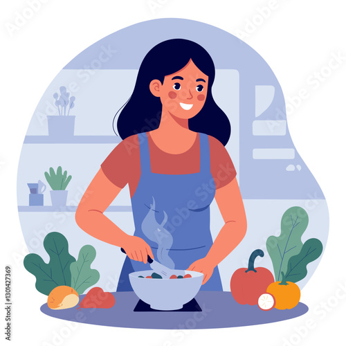 A woman stirs a pot while surrounded by fresh vegetables and herbs