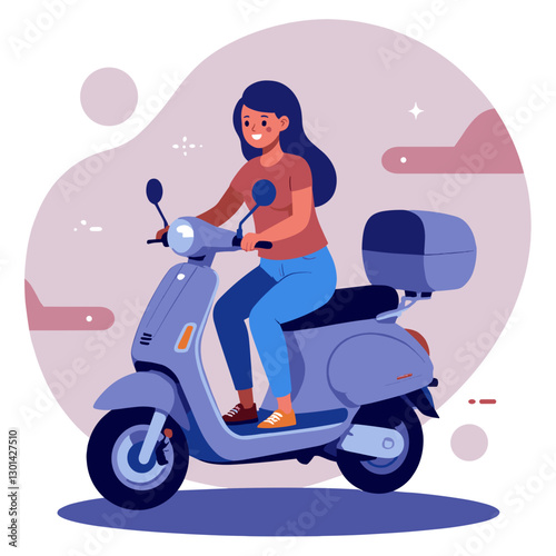 A woman happily rides a scooter with a whimsical backdrop