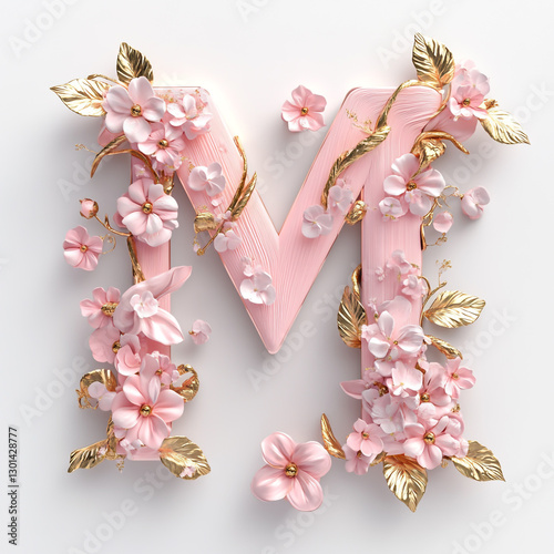 Logo design featuring floral lettering of the letters M and V with pink flowers and gold leaves,