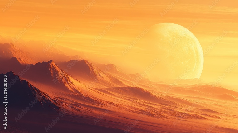 Obraz premium A scenic landscape featuring a distant planet and mountainous terrain