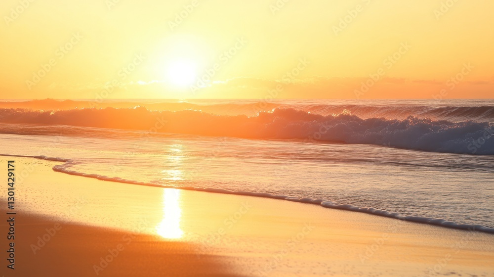 Golden sunrise illuminating the waves crashing onto the sandy shore Golden sunrise illuminating the waves crashing onto the sandy shore