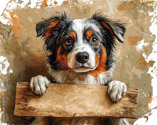 Aussie puppy holding sign, textured background