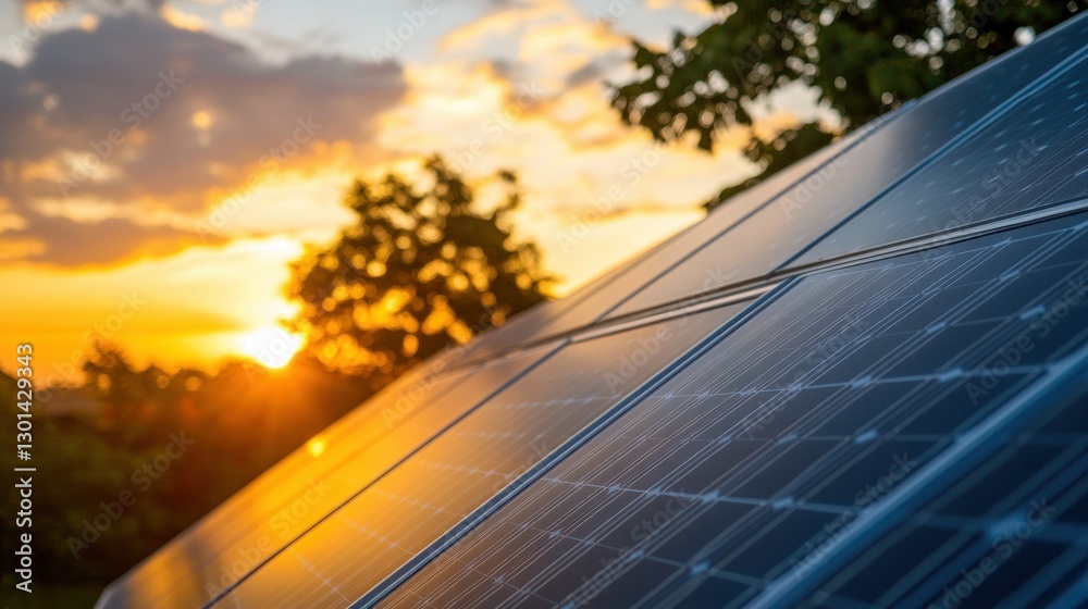 Fototapeta premium Solar panel with sunset sky showcasing renewable energy options
