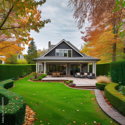 suburban house in autumn, wide shots of home gardens, lawns, yards, decks, and spaces for outdoor entertaining, hedges, trees, architect idea, concept, cozy rural home, countryside house in nature 
