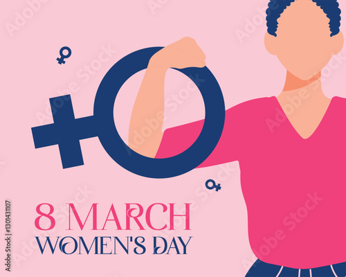 March 8 Women’s Day Banner & Post: A young girl powerfully places her hand inside the female symbol, stunning pink tones. Perfect for social media & versatile projects. #March8 #WomensDay