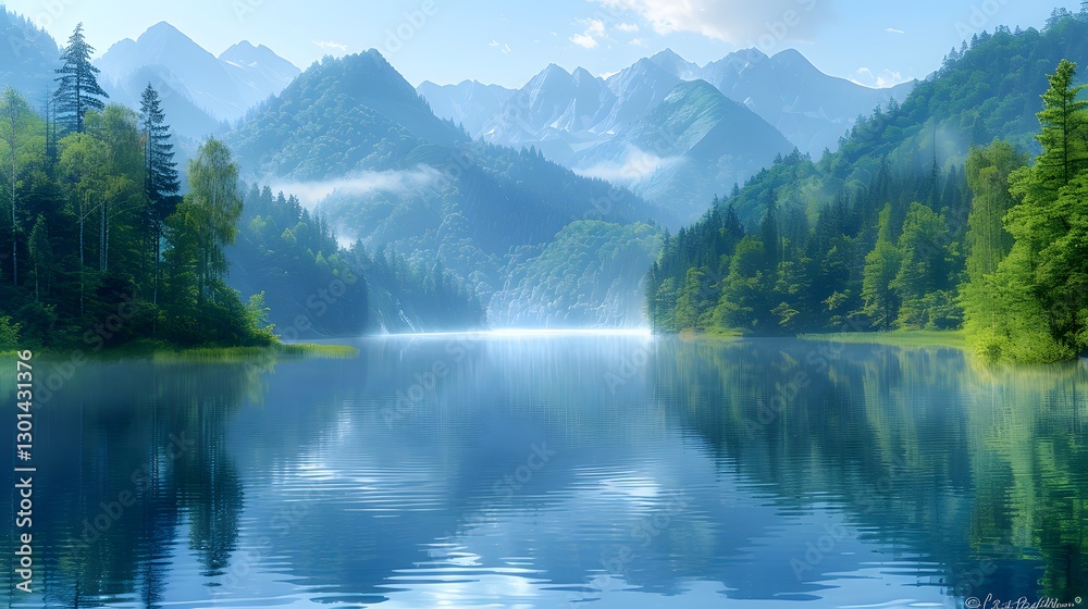Naklejka premium Serene Mountain Landscape with Reflections in a Tranquil Lake Surrounded by Lush Greenery