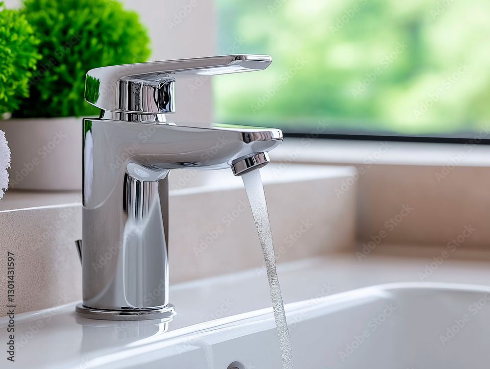 Running water from sleek chrome faucet, symbolizing purity and refreshment. Perfect for hygiene, bathroom design, and eco-conscious living. Represents everyday home essentials and wellness focus. Running water from sleek chrome faucet, symbolizing purity and refreshment. Perfect for hygiene, bathroom design, and eco-conscious living. Represents everyday home essentials and wellness focus.