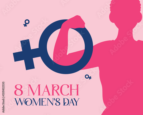 March 8 Women’s Day Banner & Post: A young girl powerfully places her hand inside the female symbol, stunning pink tones. Perfect for social media & versatile projects. #March8 #WomensDay