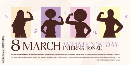March 8 Women’s Day Banner & Post: Celebrate 4 strong females in a captivating design. A tribute to all women. Ideal for social media & versatile projects. #March8 #WomensDay